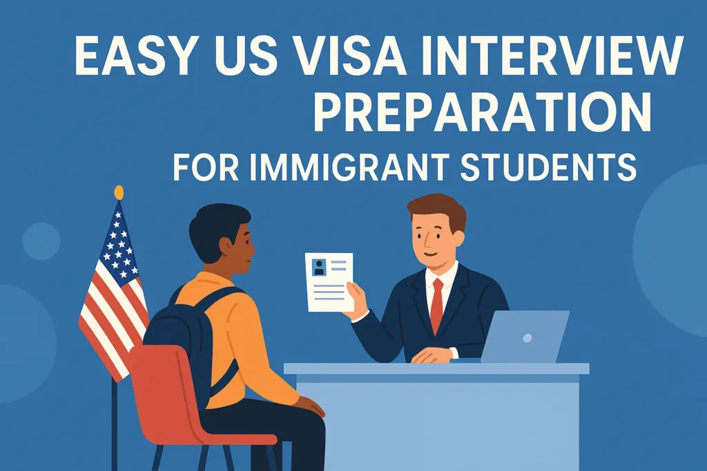 Immigrant preparing for a U.S. visa interview at the embassy with documents and passport in hand, showing calm and confidence during the visa process